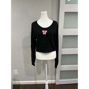 Wisconsin Badgers Bucky Badger Black Long Sleeve Cropped T-Shirt Raw Hem Small